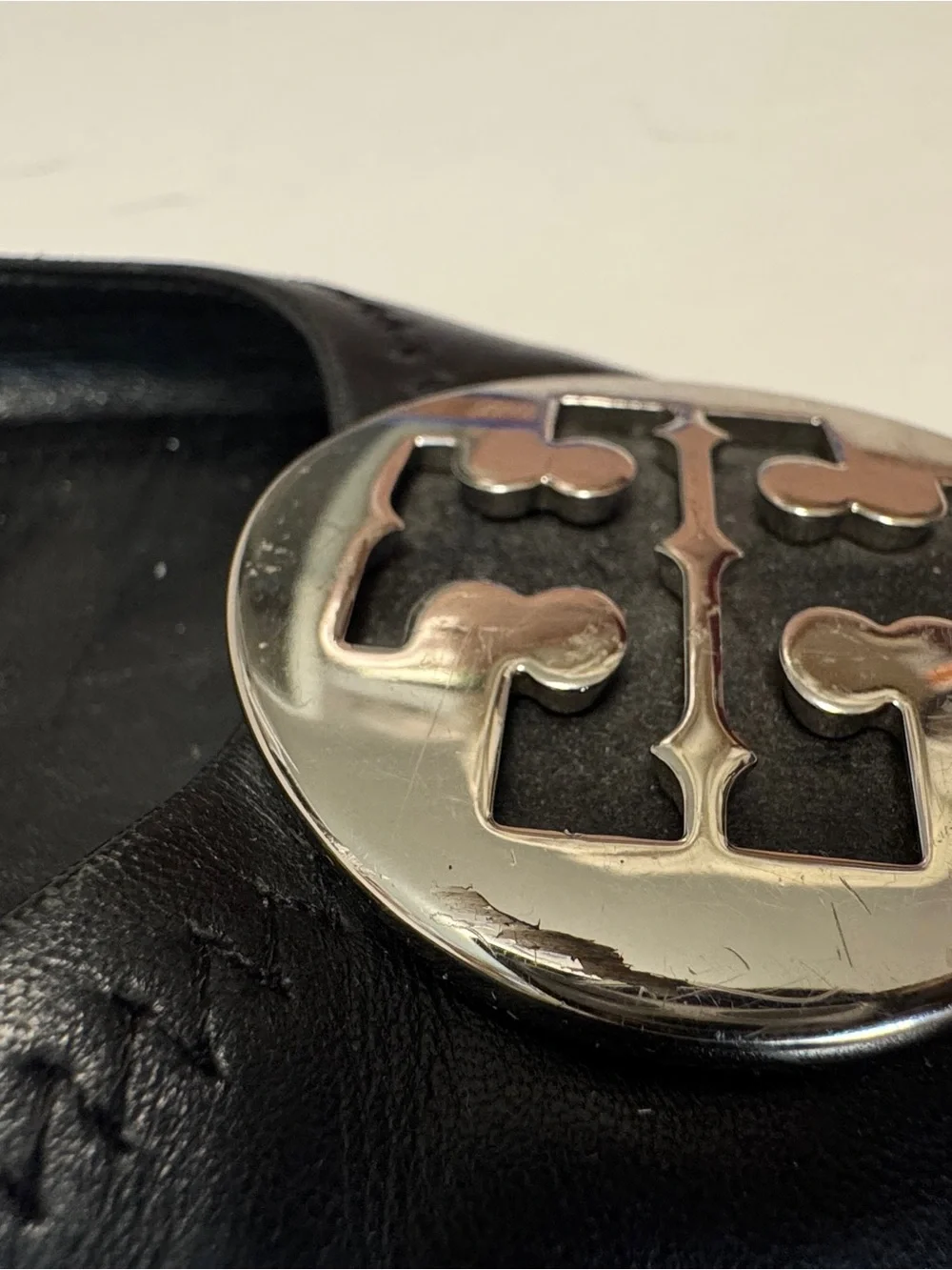 Tory Burch Black Leather Ballet Flats with Silver Logo Medallions